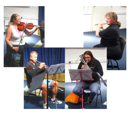 Orchestral Group - collection of images showing LM staff members playing Flute,Trumpet, Tenor Horn and Djembe Orchestral Group - collection of images showing LM staff members playing Flute,Trumpet, Tenor Horn and Djembe